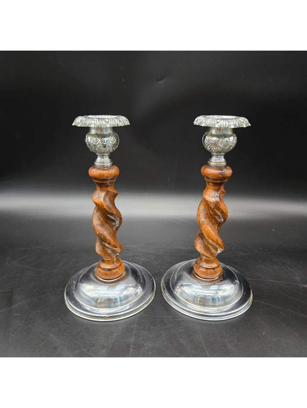 Vintage English Barley Twist Candlesticks Pair Oak Wood & Chrome Silver Art Deco